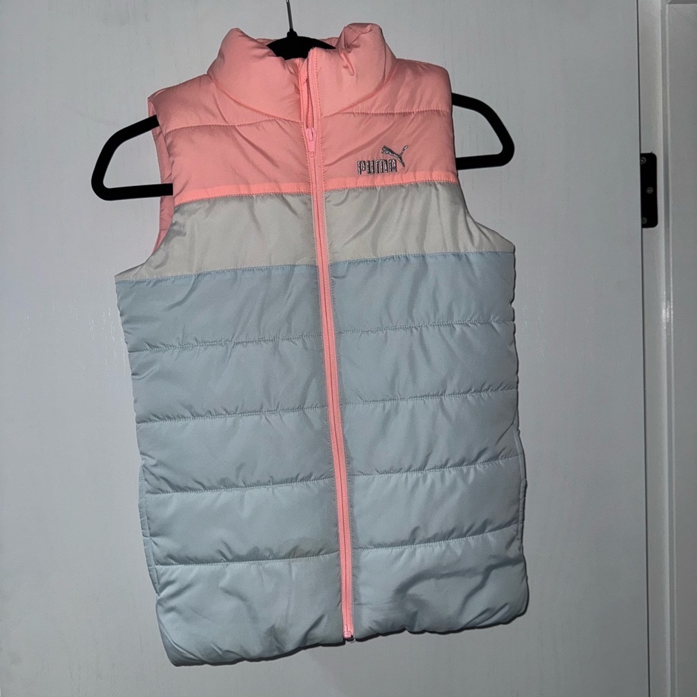 Puma Puffer Vest Girls Size 10/12 kids pink , blue Black Side Pockets Full Zip